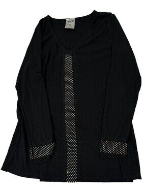 Vocal Y2K Women's Large L Black Rhinestone Bling Mesh Tunic Top V-Neck USA Made